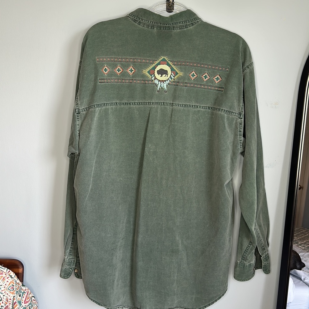 Southwest Buffalo Faded Wash Green Pocket Button Down